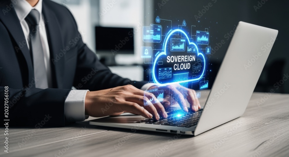 Fototapeta premium Business professional using laptop with glowing sovereign cloud computing interface and data analytics in modern office