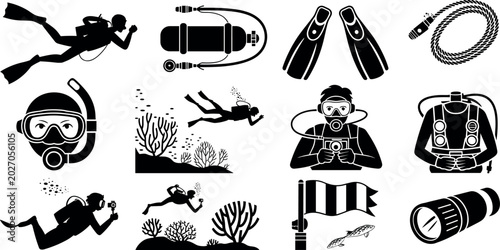 Foto Scuba diving and snorkeling icon set featuring divers silhouettes oxygen tanks f