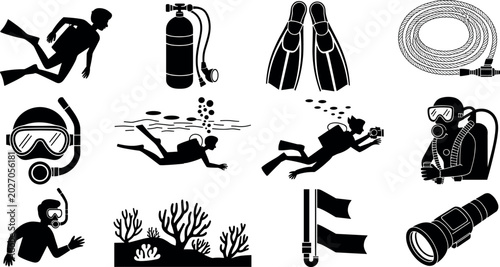Bild auf Leinwand Scuba diving and snorkeling icon set featuring divers silhouettes oxygen tanks f