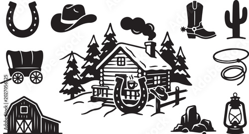 Western Cowboy House and Accessories Illustration Set