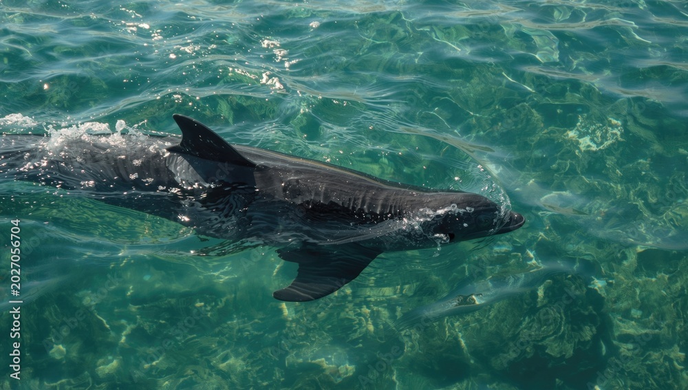 Fototapeta premium Alert bottlenose dolphin navigating crystal clear coastal waters