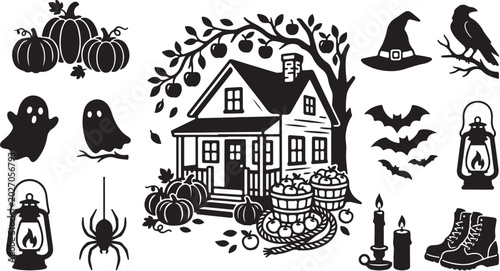 Halloween icons and house with spooky decorations