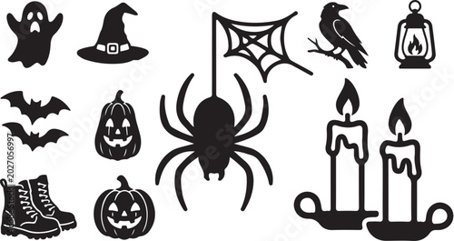 Halloween icons and symbols in black and white