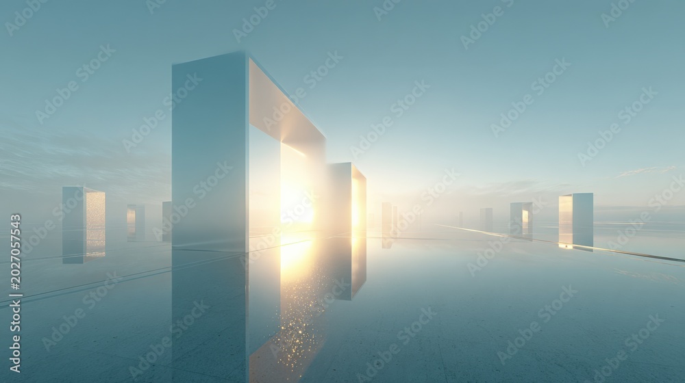 Fototapeta premium Surreal architectural structures in a misty, reflective landscape bathed in golden sunrise light