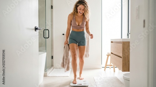 A joyful young woman in fitness wear smiles excitedly while stepping onto a digital bathroom scale to check her weight.