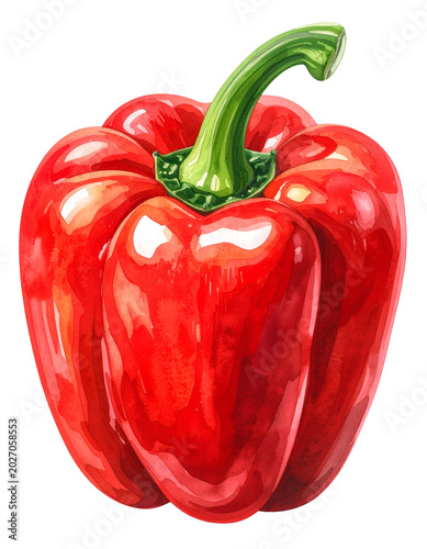 Hand painted watercolor red bell pepper illustration with green stem glossy highlights and fresh vegetable style on isolated background