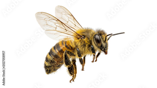 Foto Close up profile of honeybee in mid air flight isolated on transparent backgroun