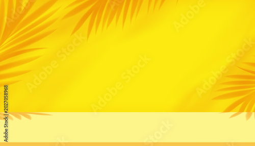 Tropical palm leaf shadow on bright yellow background with clean podium floor,Vector interior wall room for summer sale promotion,Cosmetic product display,Seasonal banner, tropical advertising design