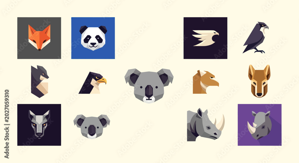 Fototapeta premium Geometric Animal Portraits Collection: Fox, Panda, Eagle, Crow, Wolf, Koala, Rhino