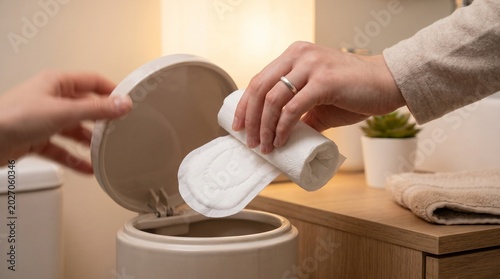 Woman's hands disposing of a sanitary pad and toilet paper into a small bin. Modern bathroom interior with a wooden counter and plant.