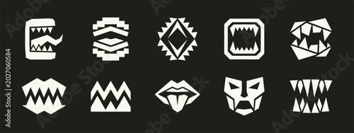 Photos Set of geometric monster mouth icons with sharp teeth and aggressive jaws on bla