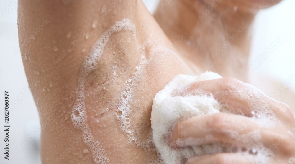 Fototapeta premium Person washing armpit with a soapy sponge, creating white foam and bubbles. Focus on personal hygiene and daily self-care routine.