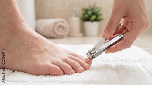 A person's hand is using metal nail clippers to trim the toenails of a foot. The foot rests on a soft white towel in a clean bathroom setting.