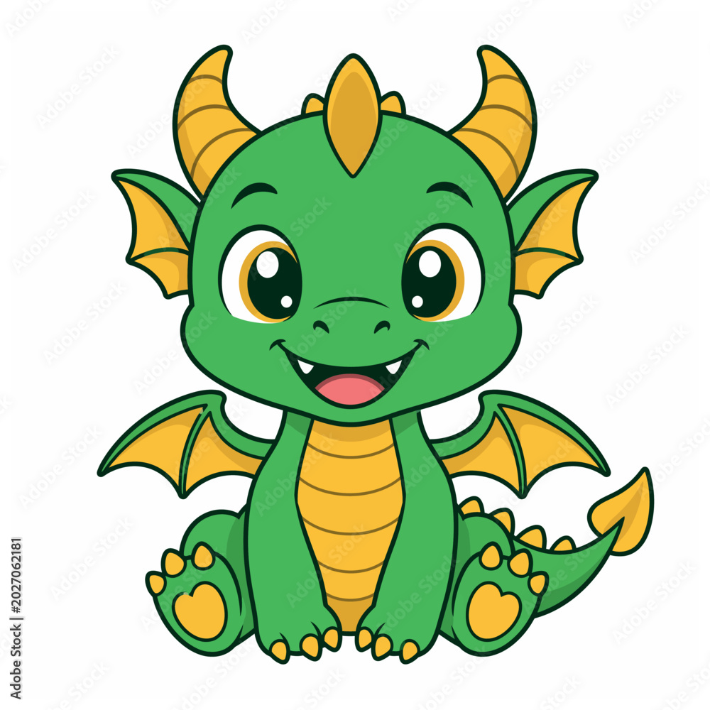 Obraz premium Cute Green Cartoon Dragon Sitting.