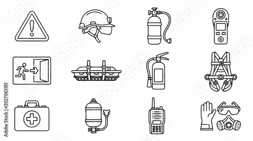 Photos Diverse outline vector icons for safety equipment, emergency response tools, and