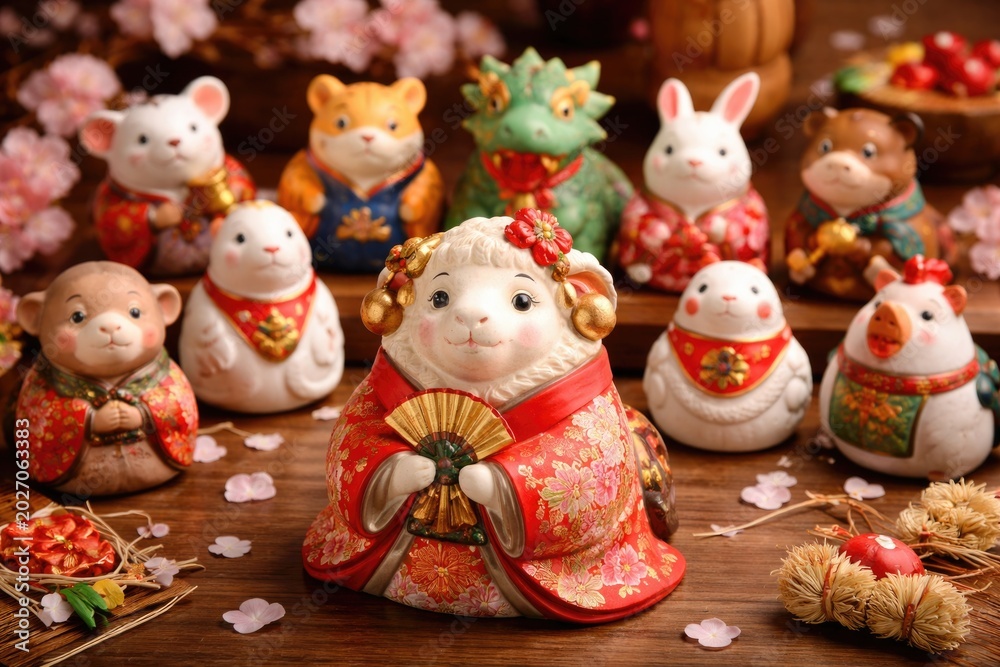 Fototapeta premium Set of ceramic Japanese zodiac figures with a playful sheep in cultural dress