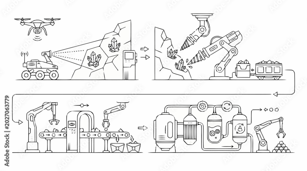 Obraz premium Conceptual automated resource extraction and multi-stage industrial processing, from robotic discovery to refinement, illustrating a future supply chain operation