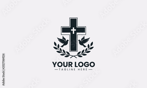 A spiritual dove with widespread wings on an olive branch with cross minimalist black vector logo design