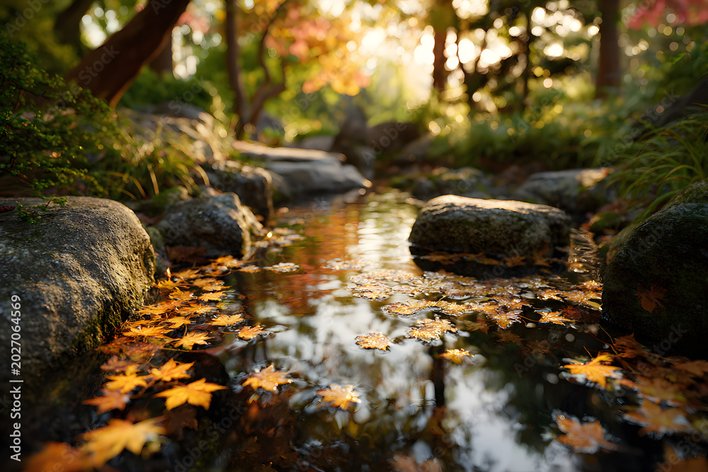 Obraz premium Serene autumn stream with colorful leaves floating on the water, surrounded by sunlit rocks and lush garden plants, with a warm, blurry background.