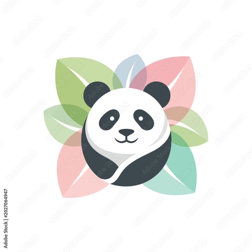 Fototapeta premium Cute Panda Bear Face with Colorful Leaves Logo Design.