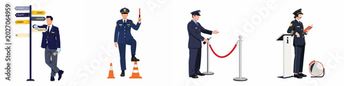 Bilde på lerret Set of Flat Vector Illustrations Featuring Professional Security Guards and Event Staff in Uniforms Performing Various Duties Isolated on White Background