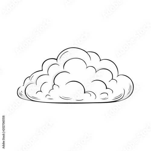 Hand drawn cartoon cloud illustration fluffy and white with dark outline isolated on white background