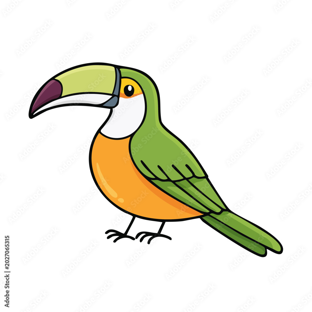 Obraz premium Vibrant cartoon toucan bird with large colorful beak and green plumage illustration