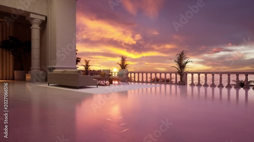Wide grand terrace with classical columns overlooking a tranquil sea at dramatic pink sunset. Perfect for luxury travel, resort, and real estate.