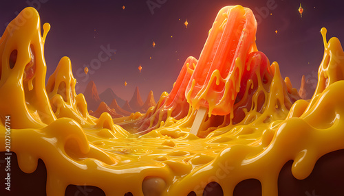 Colourful candy landscape with red caramel mountain and golden syrup waves in fantasy setting