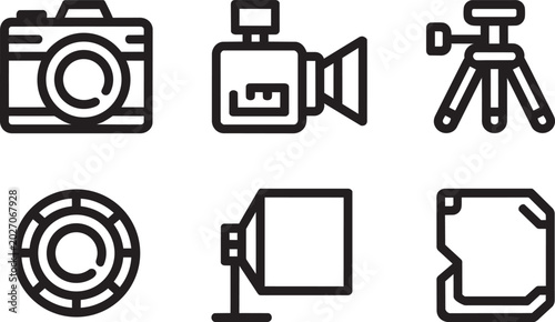 Photos Photography and videography equipment icons set in outline style and media produ