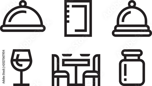 Restaurant and dining, hospitality, and food in outline style icons set drink menu cloche glass