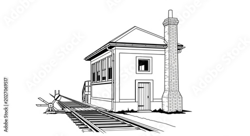 Bild auf Leinwand Old Railway Station Building with Tracks and Chimney.