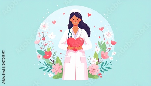 Illustration of a female doctor holding a heart with a stethoscope around her neck, surrounded by pink flowers and hearts on a light blue background with a floral and heart design.