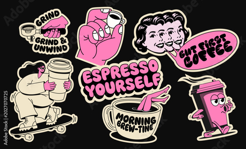 Retro coffee sticker pack with funny characters 
and puns. Groovy vector illustration