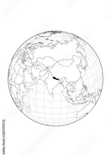 Bild auf Leinwand Nepal Highlighted Orthographic Globe Map 1Bit Monochrome Vector Background A4 Pr