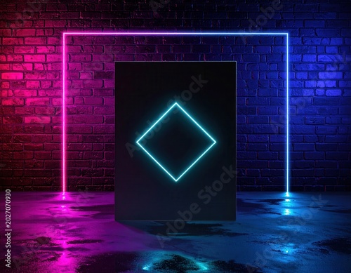 Stanza Neon Vibrante con Rombo Ciano Luminoso su Cubo Scuro e Parete di Mattoni