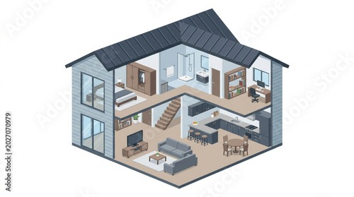 Isometric cross section of a modern house interior layout.