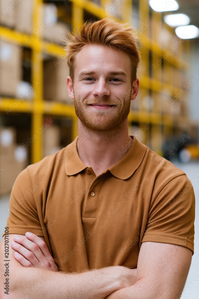 Obraz premium Young man warehouse portrait smiling with arms crossed for company website and business profile background
