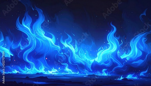 Fiamme Blu Astratte Dinamiche e Vibranti che Illuminano un Paesaggio Etereo Scuro