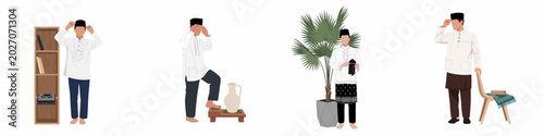 Collection of flat illustrations showing a Muslim man in traditional dress performing religious activities, ablution, and preparing for daily prayers.