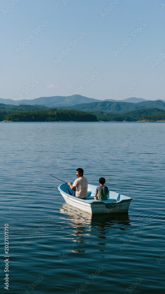 Fototapeta premium Father and son sitting in a small boat on a peaceful lake with distant hills for scenic wallpaper and travel banner design
