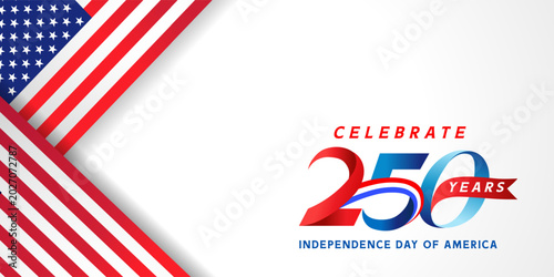 250 years anniversary Fourth of July, white poster. 250th years Independence Day of America banner design with US Flags.  Vector illustration