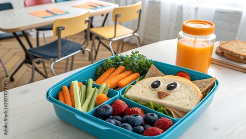 Full of fruits and vegetables Lunch box on the table