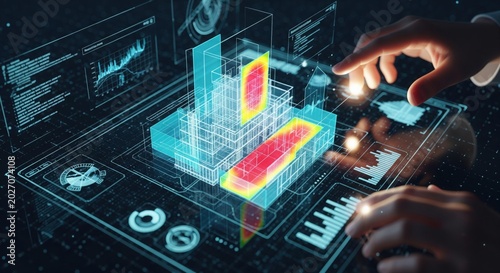 Architect using futuristic BIM and digital twin for energy analysis