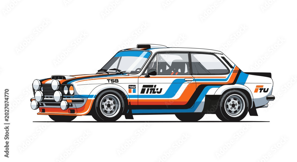Fototapeta premium Vintage rally car with racing stripes and spotlights