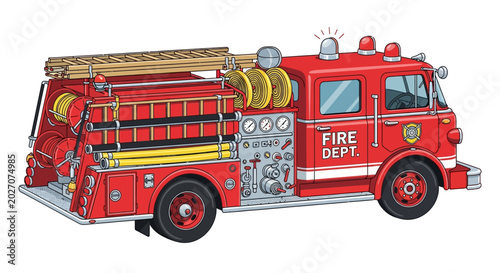 Slika na platnu Cartoon illustration of a red fire truck with ladders and hoses on a white background