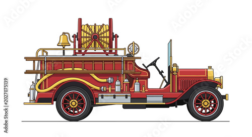 Fotografie Vintage red fire engine illustration isolated on white background