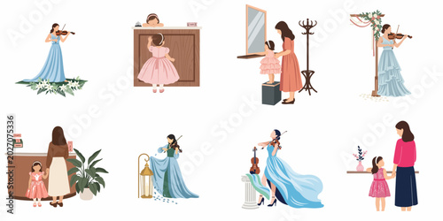 Schilderij op canvas Set of flat illustrations featuring women playing the violin and mothers with daughters attending a classical music concert or theater event