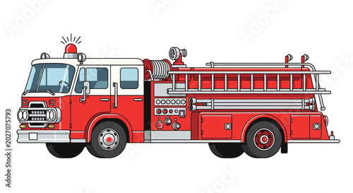Tableau sur toile Red fire truck with ladder and hose on white background
