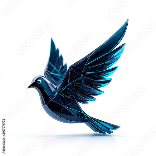 Blue glass bird with wings spread open in flight, isolated